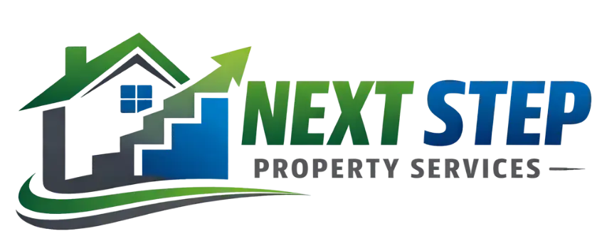 Next Step Property Services logo featuring a house silhouette, ascending steps, and a color gradient of green and blue, representing handyman and remodeling services in Southern New Hampshire.