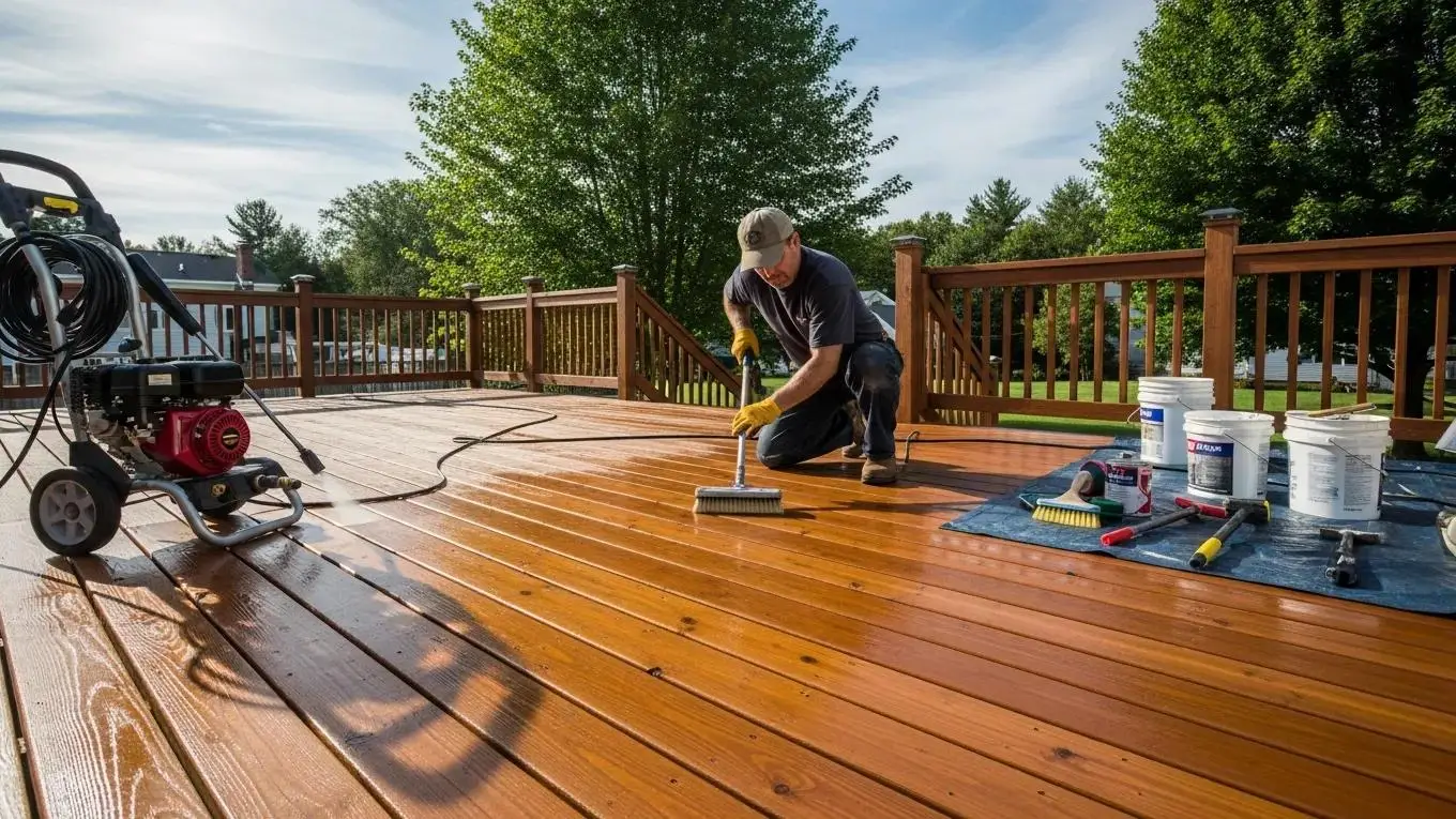 Homeowner cleaning and sealing a wooden deck in Southern New Hampshire during spring