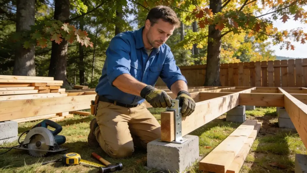 Handyman constructing a wooden deck in Southern New Hampshire, showcasing craftsmanship and local charm