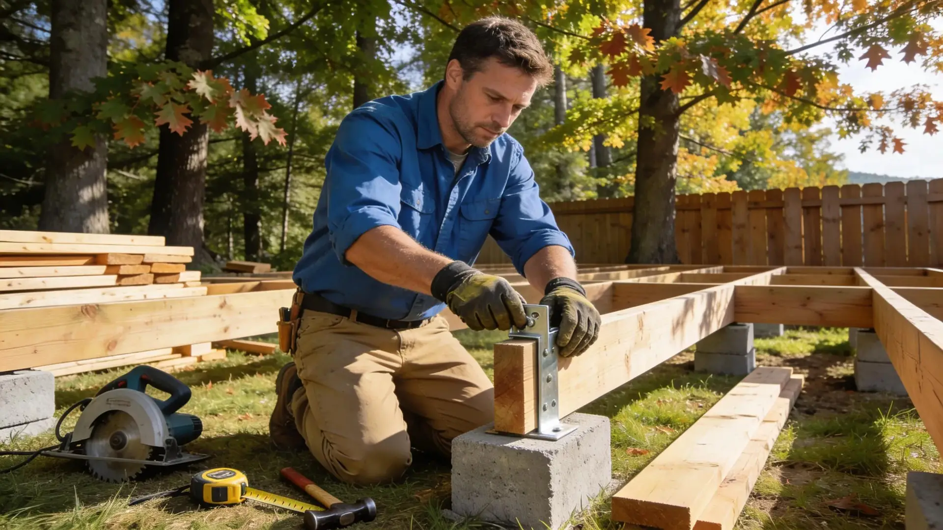 Handyman constructing a wooden deck in Southern New Hampshire, showcasing craftsmanship and local charm