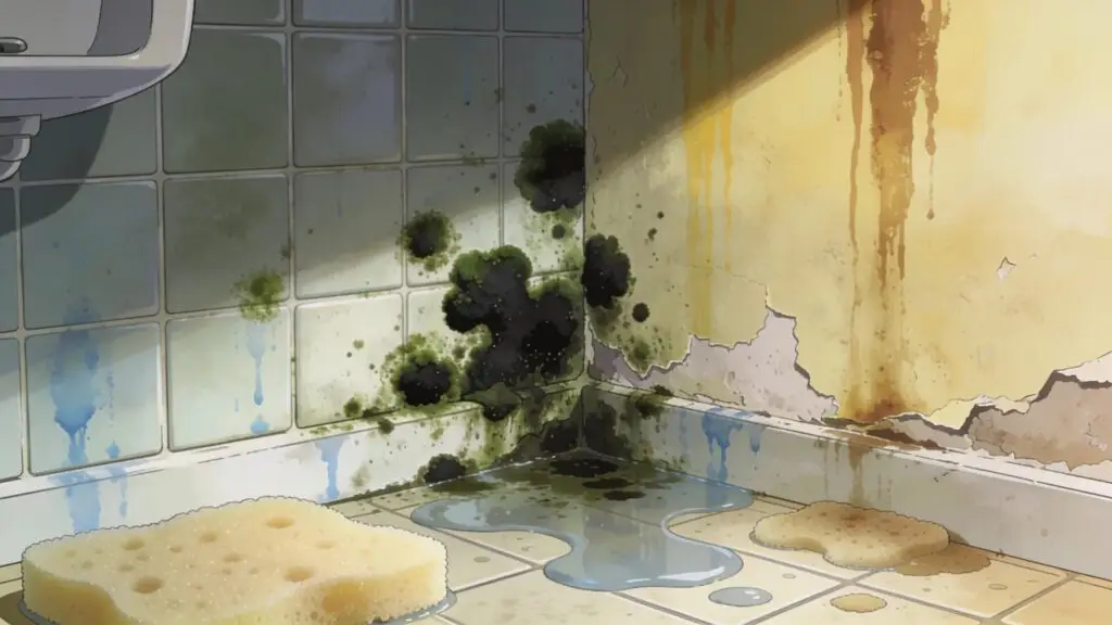 Water damage and mold growth on bathroom tile wall, signs of needed remodeling in Southern