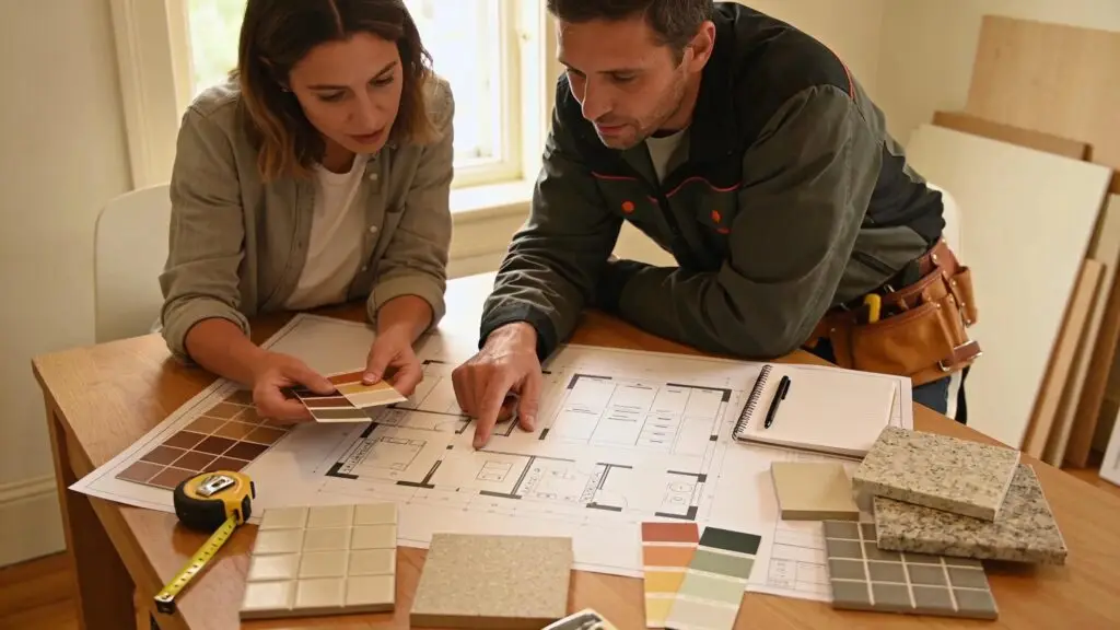 Homeowner and contractor collaborating on kitchen remodel planning with blueprints and samples