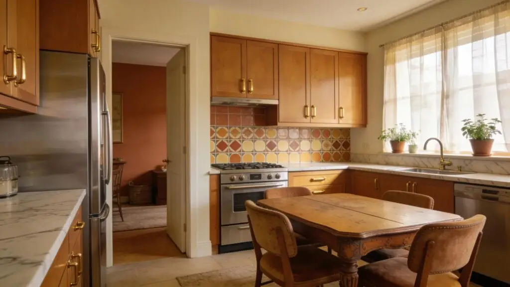 Older kitchen remodel in Southern New Hampshire with tile backsplash and outdated features.