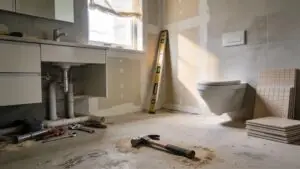 Bathroom remodel in progress, tools and materials for Southern NH homeowners.