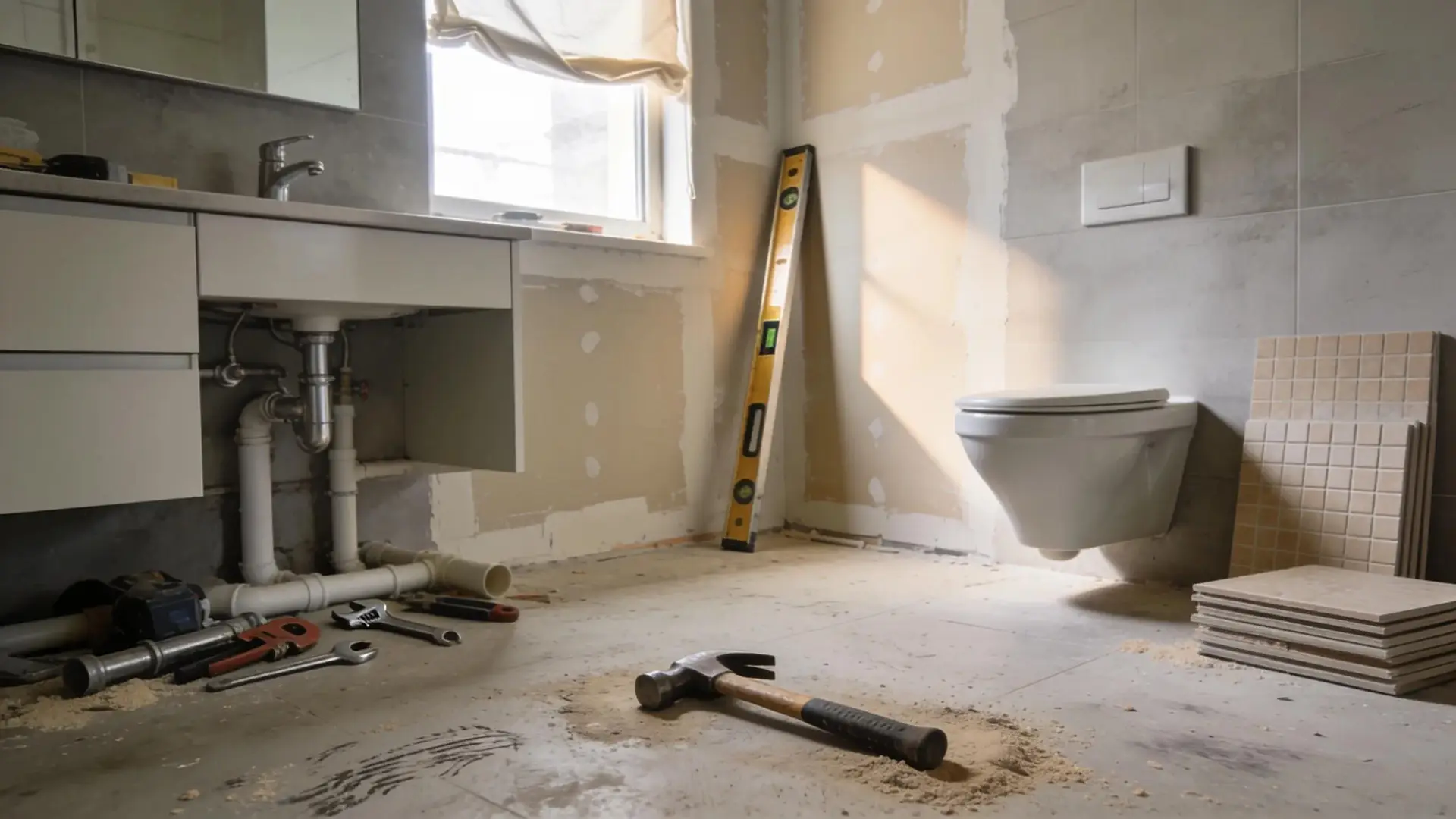 Modern bathroom renovation tools and fixtures in a working setting