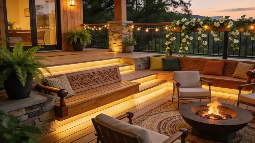 Inviting outdoor deck design showcasing multi-tier levels and integrated seating, reflecting practical design ideas for homeowners