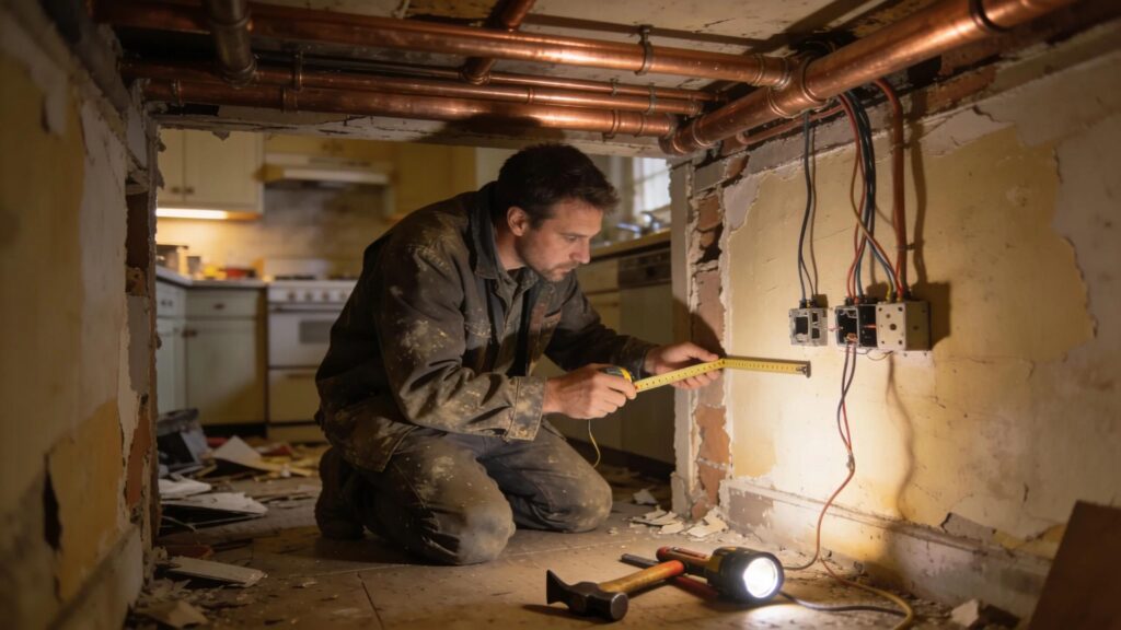 Contractor measuring old plumbing and electrical wiring in Southern NH kitchen remodel.