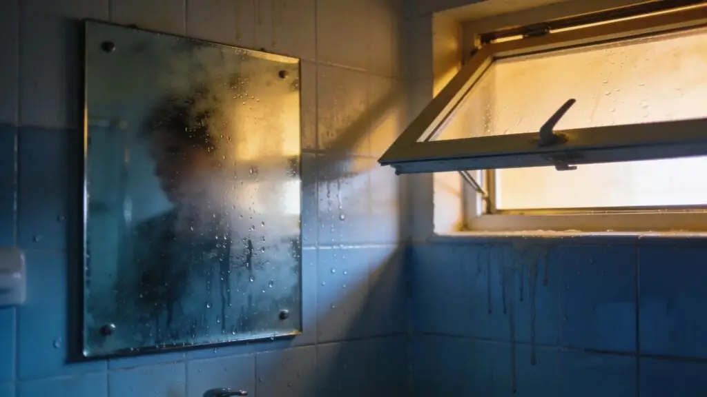 Foggy mirrors and damp walls indicating poor ventilation in a bathroom