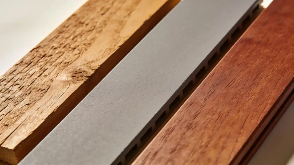 Display of wooden deck materials including pressure-treated wood, composite decking, and natural hardwood, highlighting textures and colors